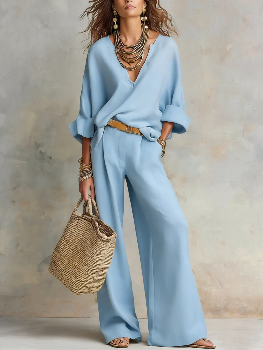 💝💝Cozy Minimalist V-neck Cotton-linen Two-piece Set