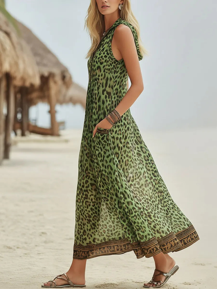 🌷🌷Women's Retro Casual Green Leopard Print Art Hooded Midi Dress