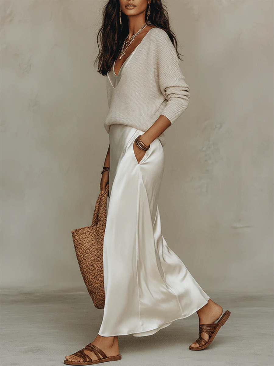 Elegant & Cozy V-neck Ice Silk Knit Top and Dress