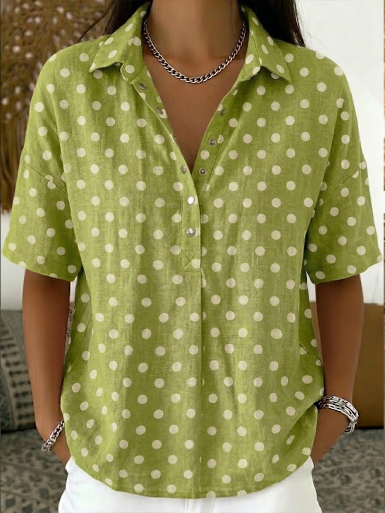 🎁New Arrivals🔥Casual Polka Dots Polo Collar Short-sleeved Linen And Cotton Shirt