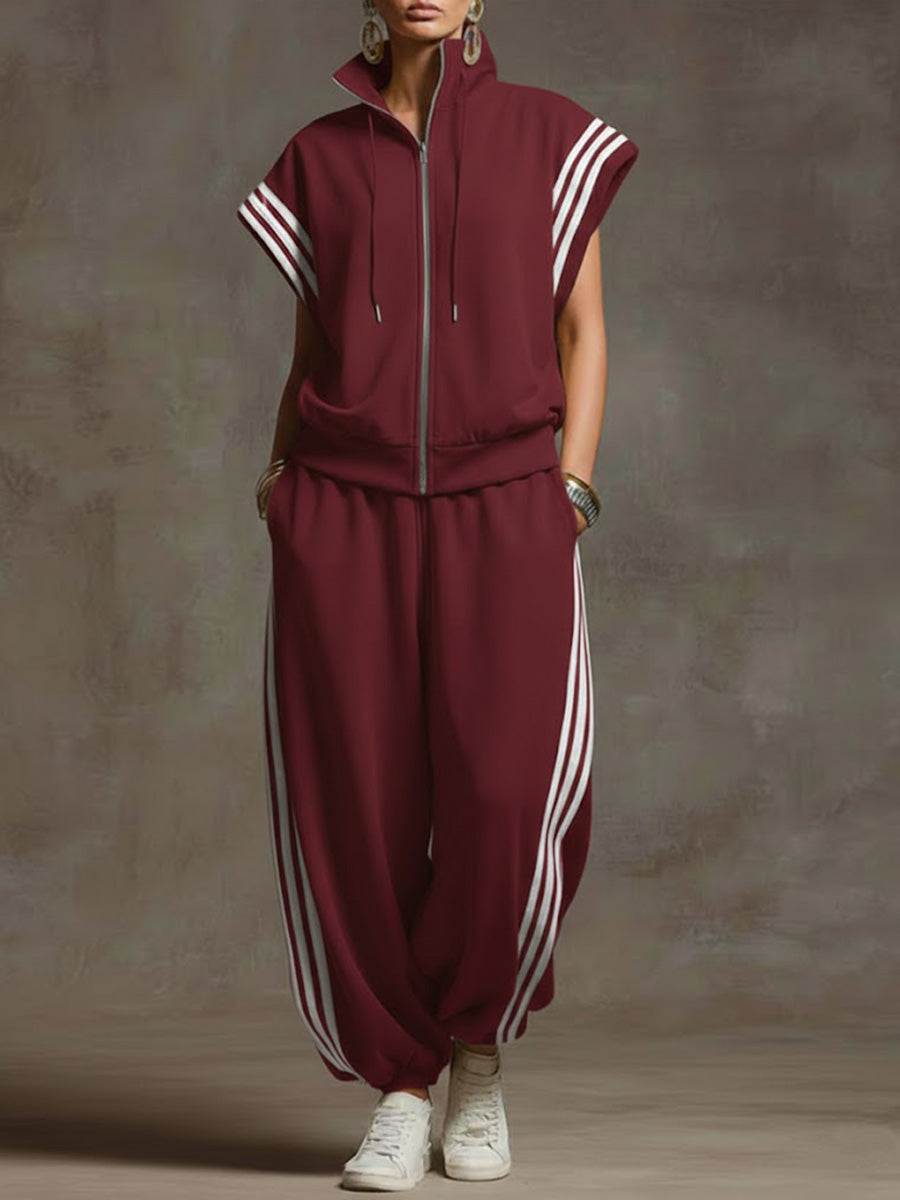 🎁New Arrivals🔥Women's solid-color stand-collar short-sleeve casual cotton top and high-waisted wide-leg cotton pants set.