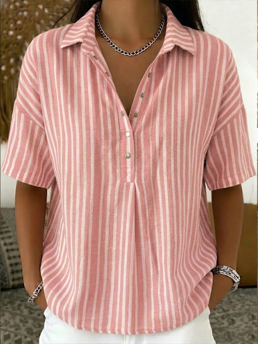 🎁New Arrivals🔥Casual Stripe Polo Collar Short-sleeved Linen And Cotton Shirt