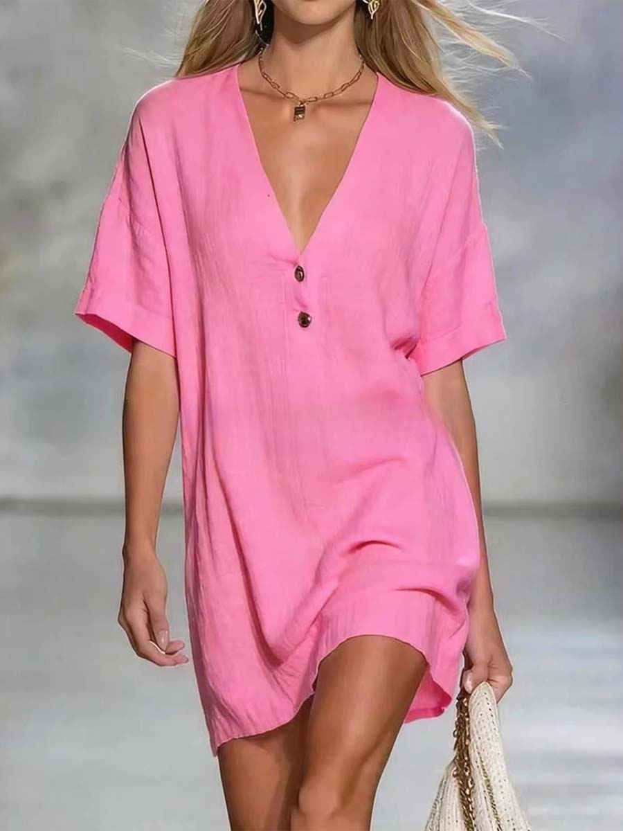 🎁New Arrivals🔥Women's Solid Color Art Casual Sexy V-Collar Short Dress