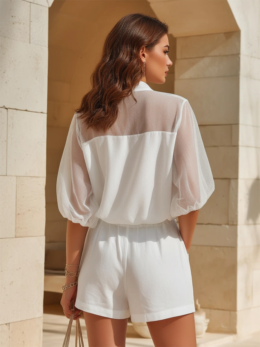 Sheer Mesh Sleeve Cotton Linen Casual Set