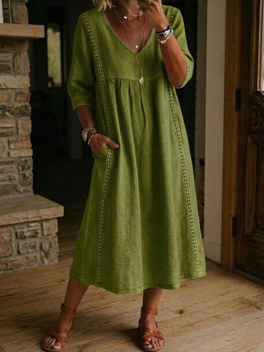 📦📦Casual Loose-fitting Patchwork Lace Trim Linen And Cotton Dress