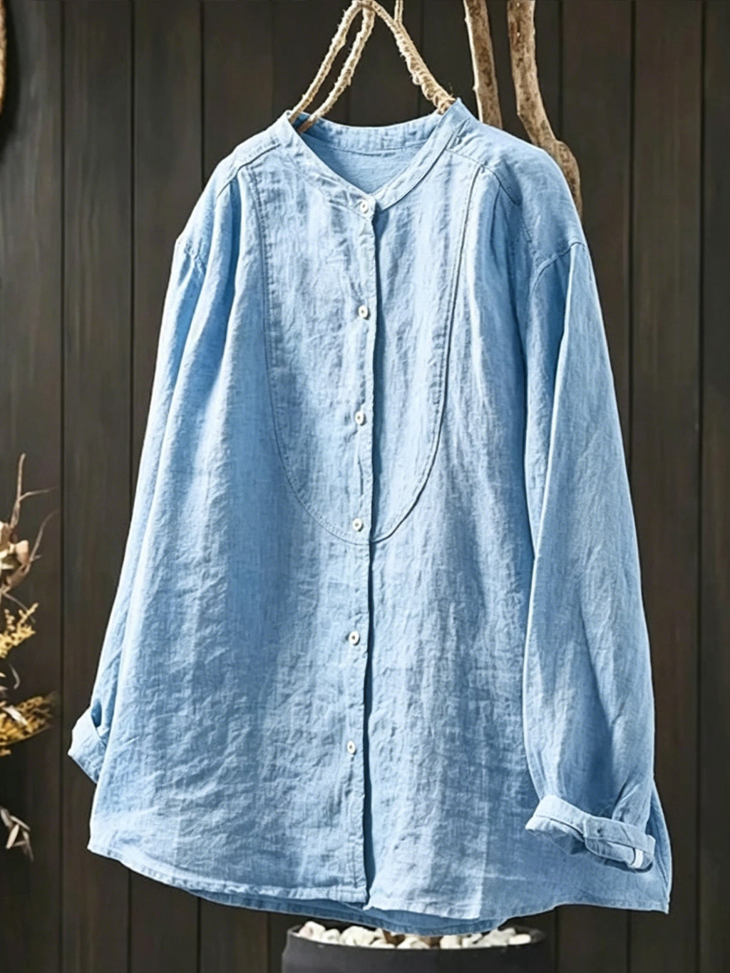 🎁New Arrivals🔥Loose-fit Cotton-linen Shirt With Stand Collar And Curved Placket