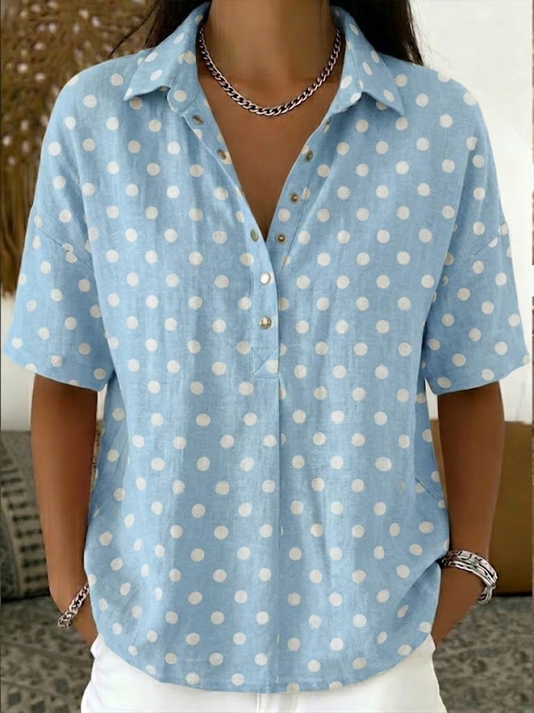 🎁New Arrivals🔥Casual Polka Dots Polo Collar Short-sleeved Linen And Cotton Shirt