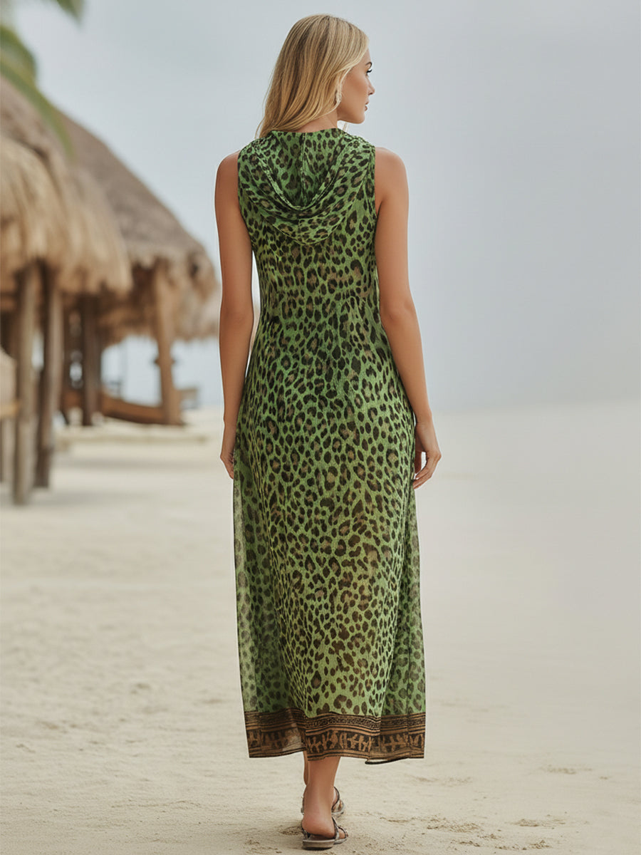 🌷🌷Women's Retro Casual Green Leopard Print Art Hooded Midi Dress
