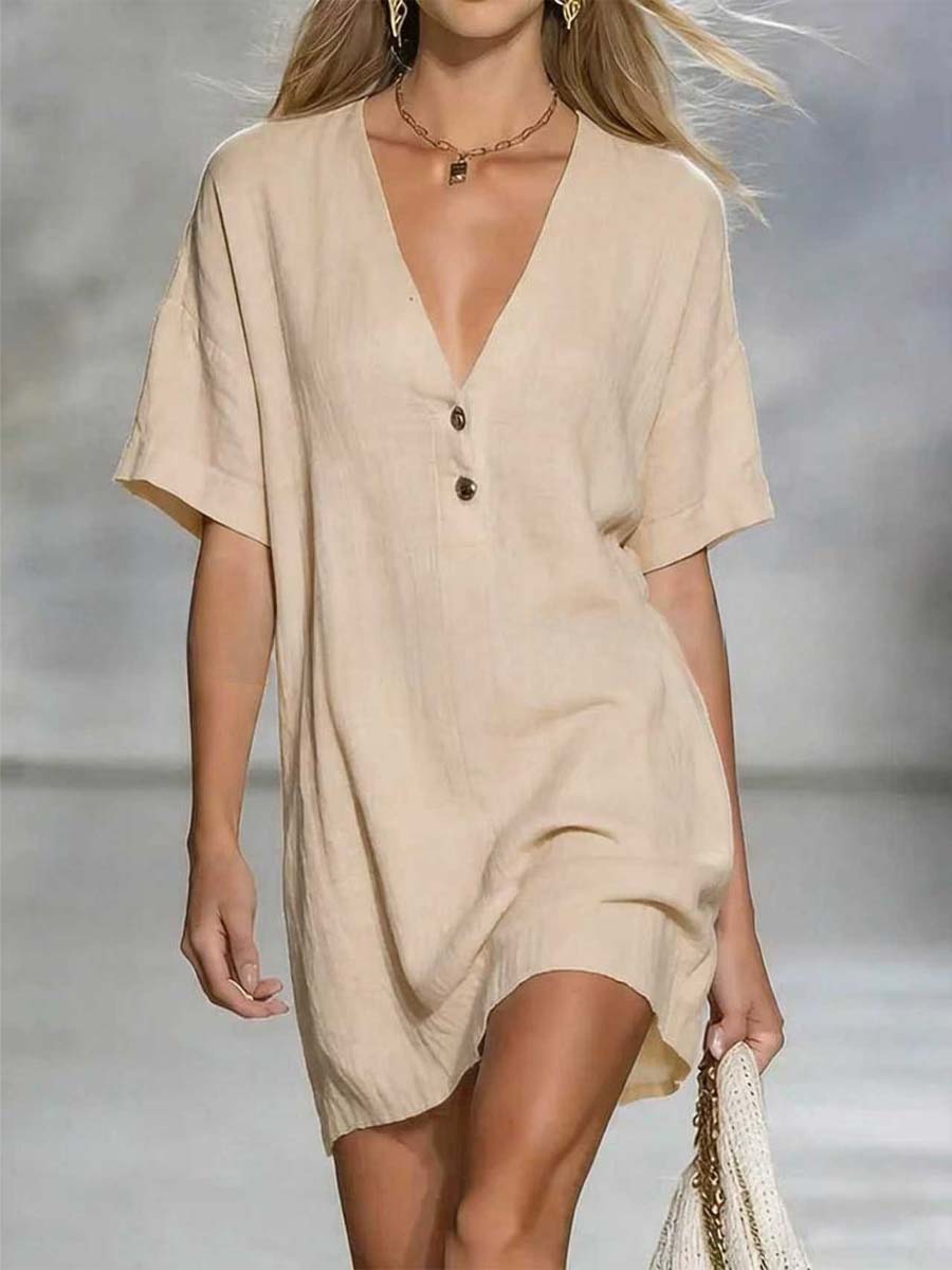 🎁New Arrivals🔥Women's Solid Color Art Casual Sexy V-Collar Short Dress