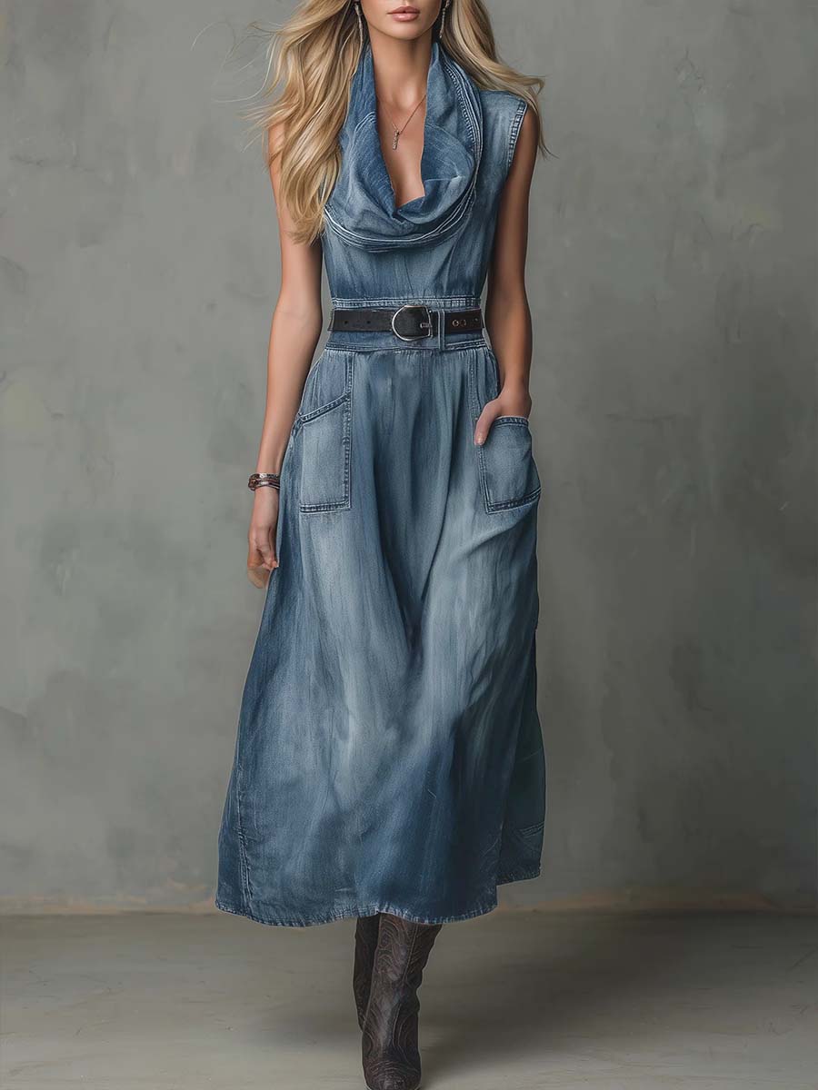 💎Free Shipping💎Women's Sleeveless Casual Loose Denim Dress With A Ruffled Neckline