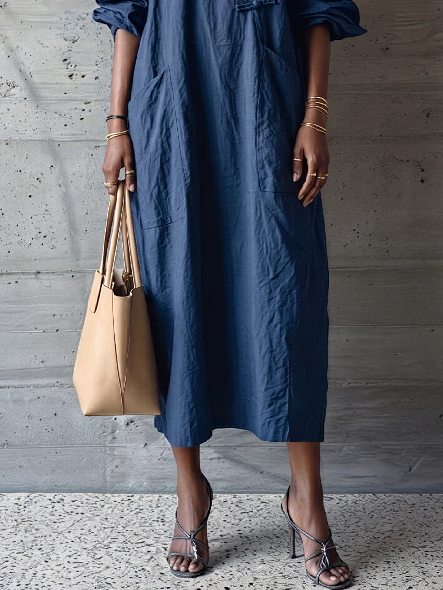 🎁New Arrivals🔥Textured Cotton-linen Frog Button Placket Collar Loose Shirt Midi Dress