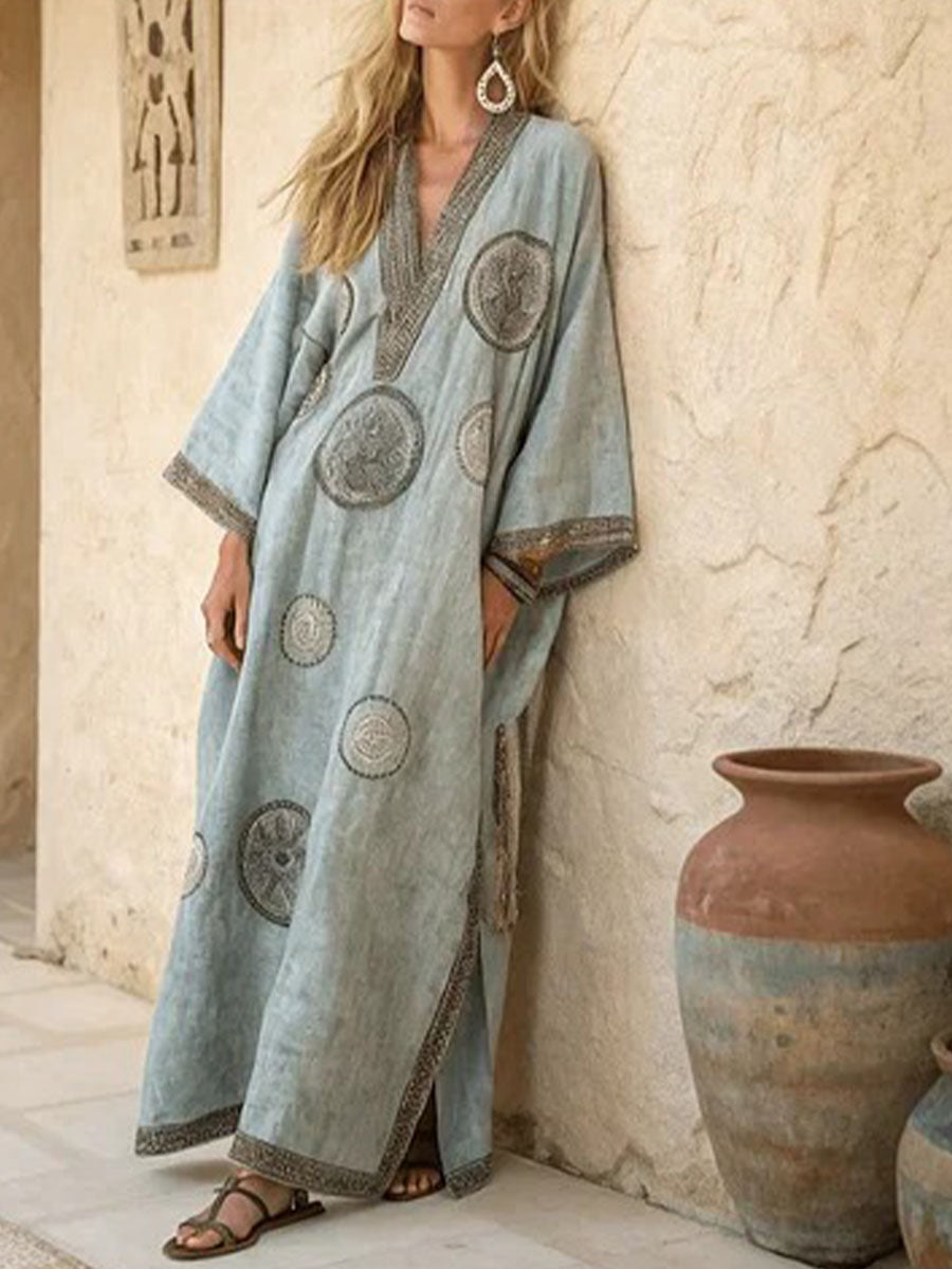 🎁New Arrivals🔥Women's Vintage-print V-neck 3/4-sleeve Casual Loose Cotton-linen Dress