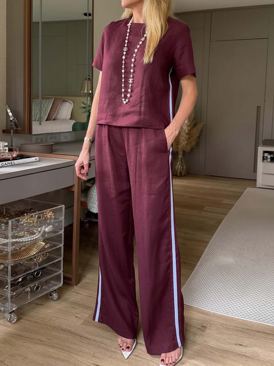 Women's Round Neck Short Sleeve Casual Loose Top High Waist Casual Loose Wide Leg Pants Cotton Linen Set