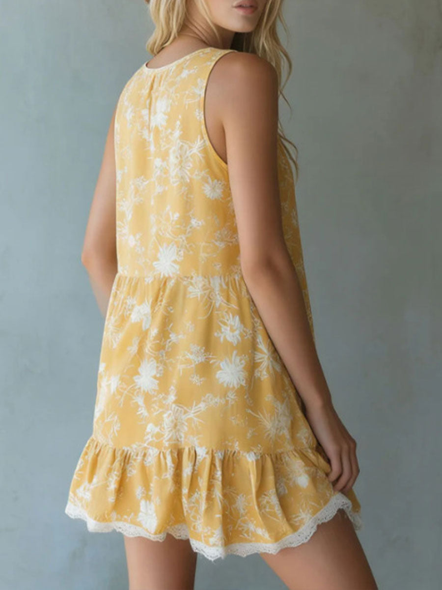 💝💝Women's Yellow Printed Silk-blend Sleeveless Mini Dress With Lace Trim And V-neck
