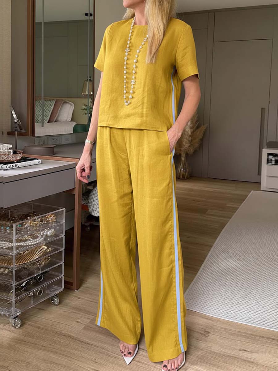 Women's Round Neck Short Sleeve Casual Loose Top High Waist Casual Loose Wide Leg Pants Cotton Linen Set