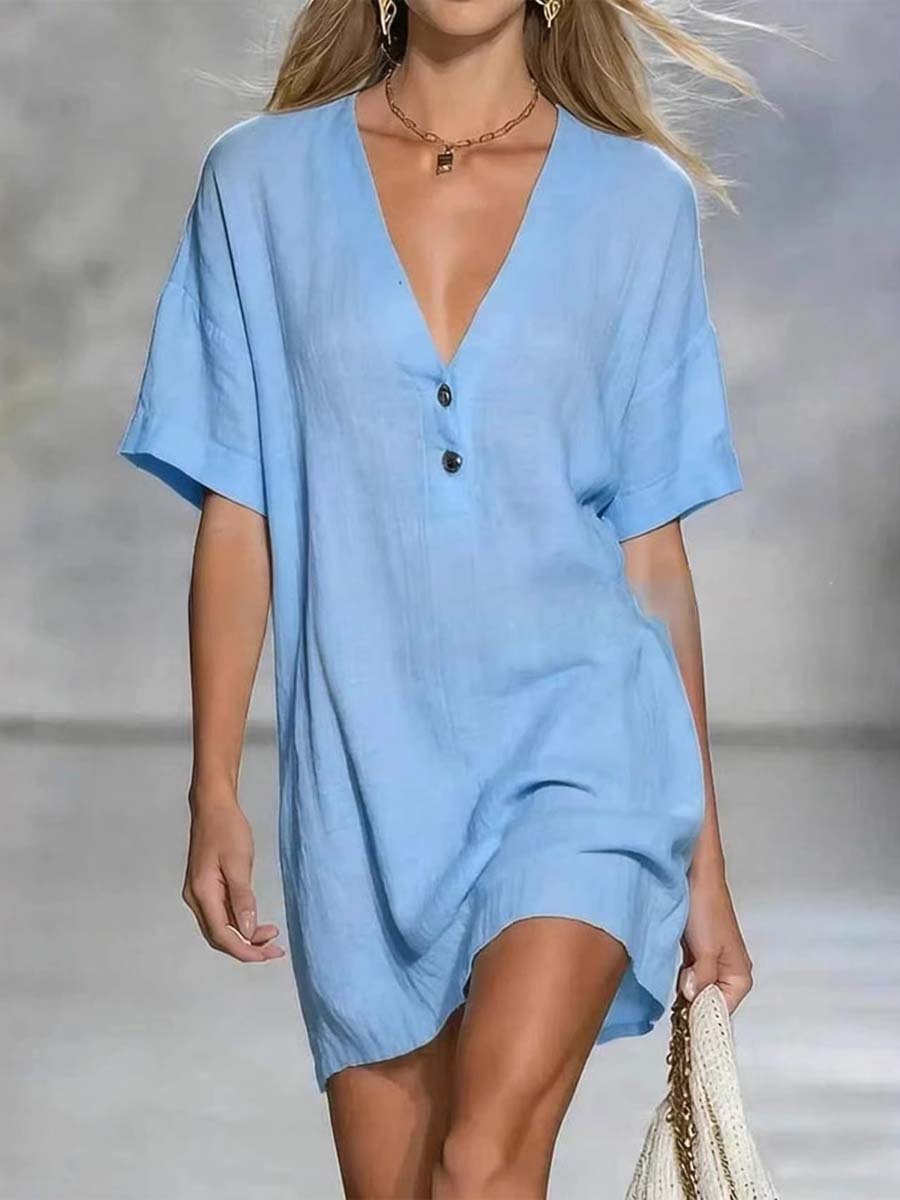 🎁New Arrivals🔥Women's Solid Color Art Casual Sexy V-Collar Short Dress