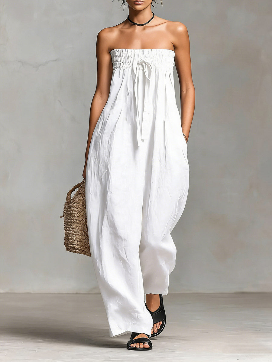 💖 Summer Strapless Cotton Linen Jumpsuit 👗🌸 Relaxed & Stylish