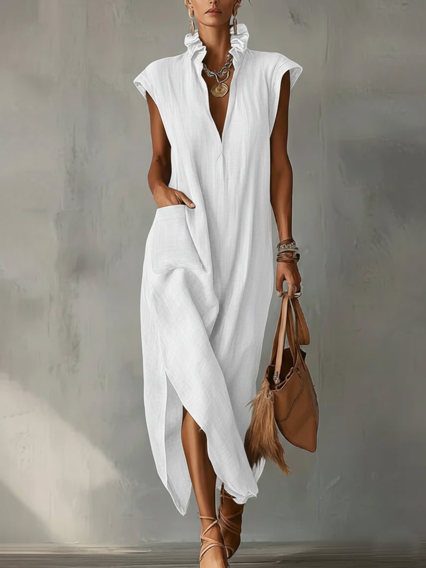 🔥 Women’s Ruffle Collar Cotton Linen Midi Dress 👗✨ Elegant Summer Style 🌸