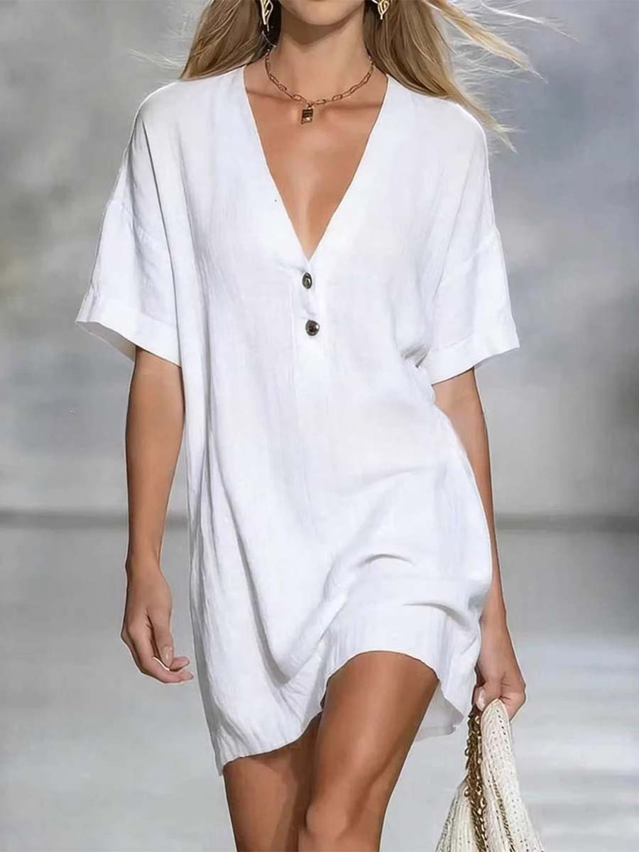 🎁New Arrivals🔥Women's Solid Color Art Casual Sexy V-Collar Short Dress