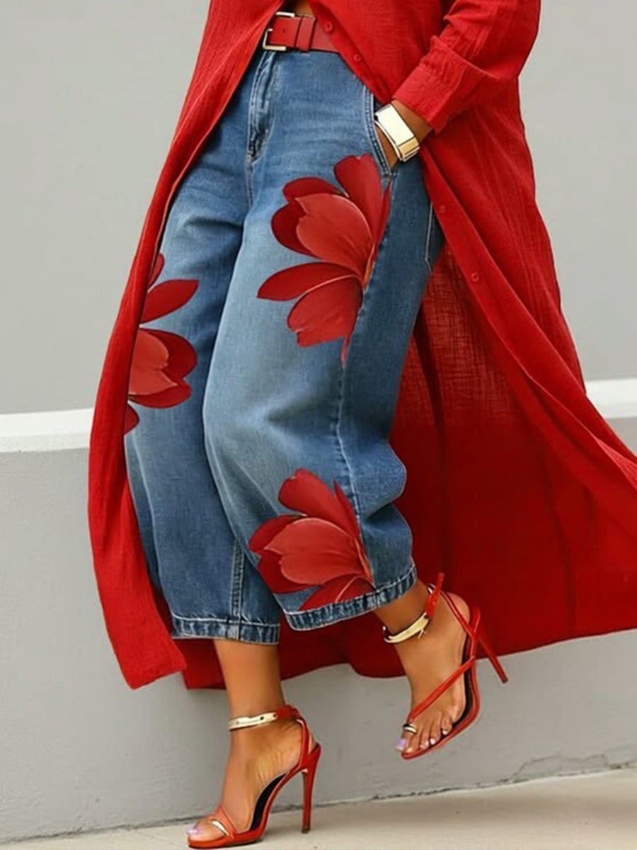 📦📦LAST DAY SAVE 49% ⏰Women's Retro Floral Pattern Art Print Casual Jeans