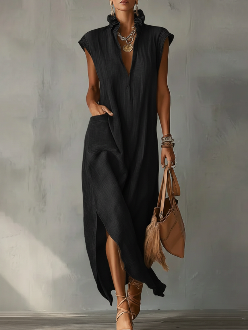 🔥 Women’s Ruffle Collar Cotton Linen Midi Dress 👗✨ Elegant Summer Style 🌸