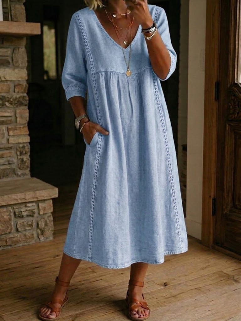 📦📦Casual Loose-fitting Patchwork Lace Trim Linen And Cotton Dress