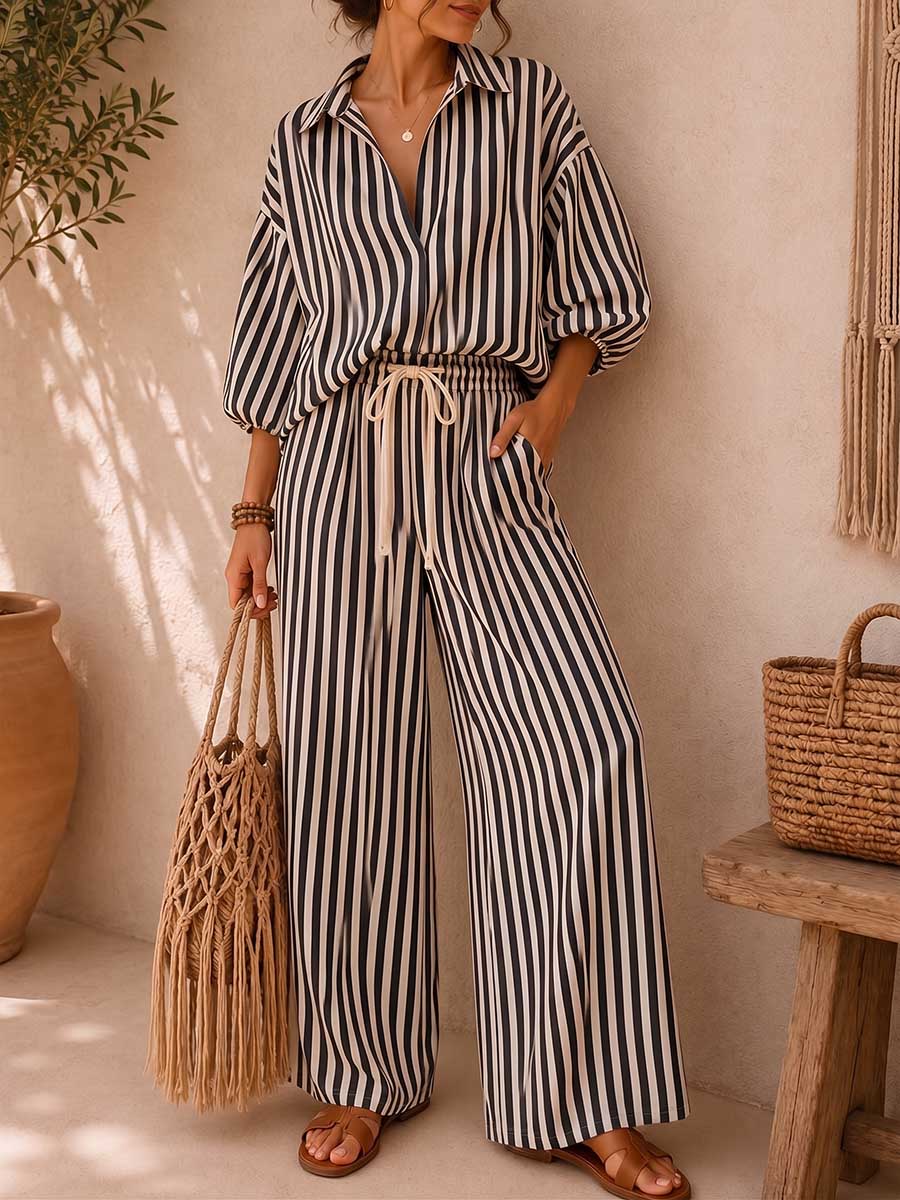 📦📦LAST DAY SAVE 49% ⏰Women's Striped Print Cotton-linen Set: Loose-fit Top With Lapel & 3/4 Sleeves, And High-waisted Wide-leg Pants