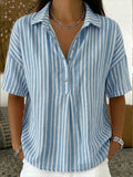 🎁New Arrivals🔥Casual Stripe Polo Collar Short-sleeved Linen And Cotton Shirt