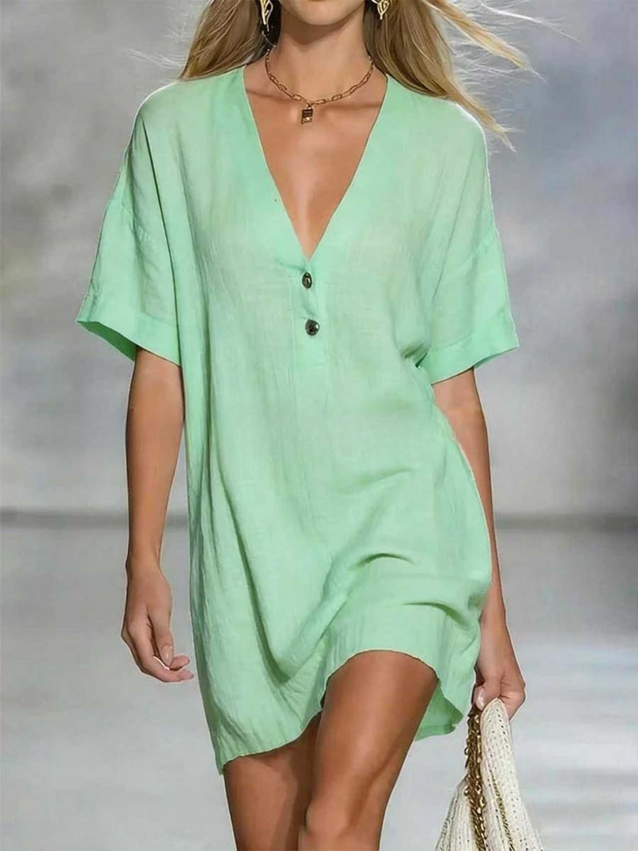 🎁New Arrivals🔥Women's Solid Color Art Casual Sexy V-Collar Short Dress