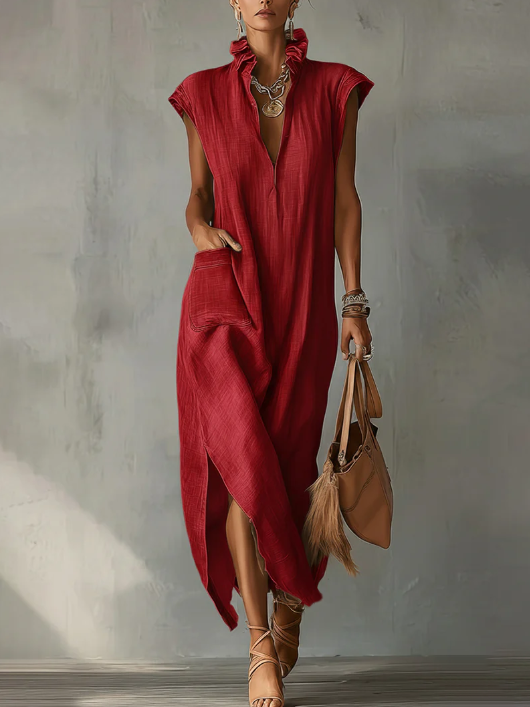 🔥 Women’s Ruffle Collar Cotton Linen Midi Dress 👗✨ Elegant Summer Style 🌸