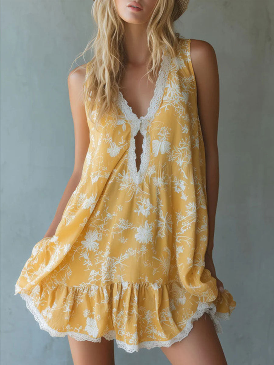 💝💝Women's Yellow Printed Silk-blend Sleeveless Mini Dress With Lace Trim And V-neck