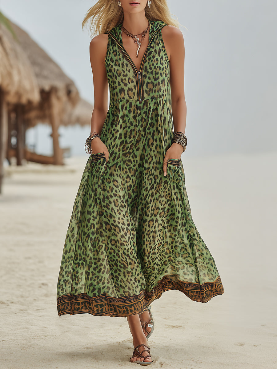 🌷🌷Women's Retro Casual Green Leopard Print Art Hooded Midi Dress