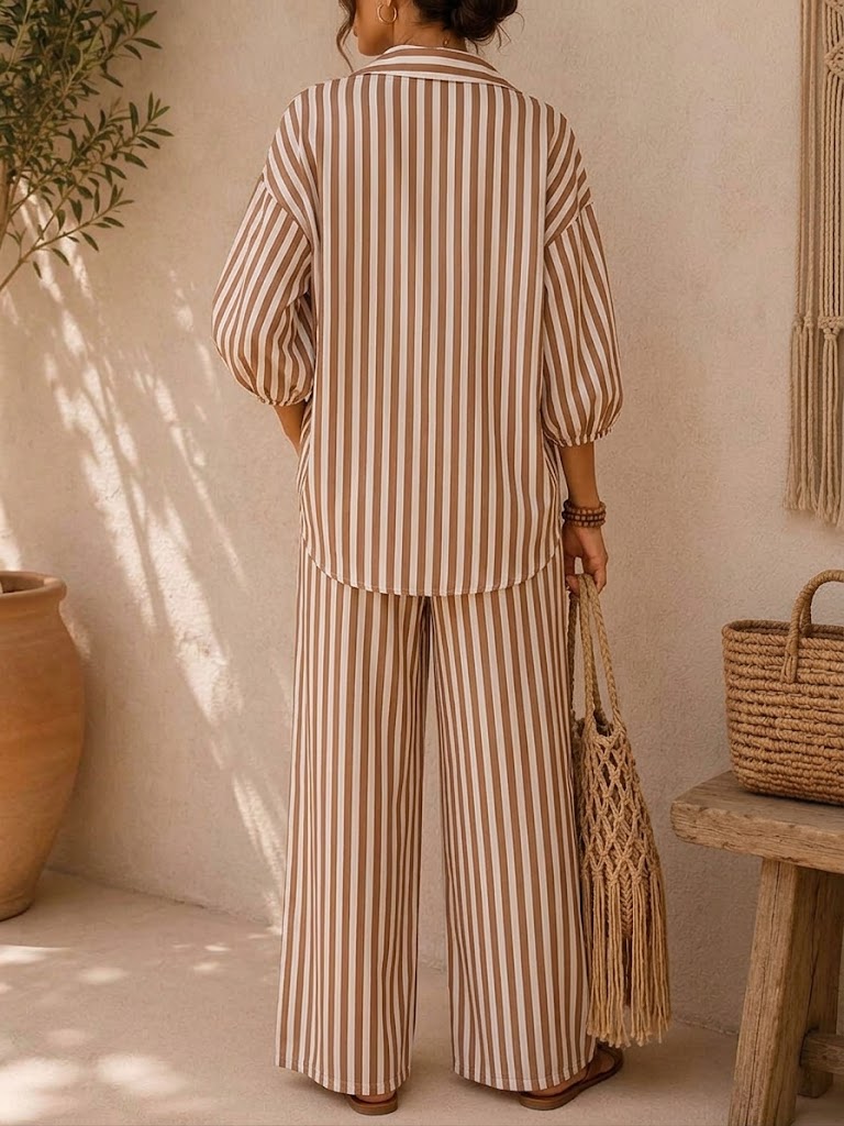 📦📦LAST DAY SAVE 49% ⏰Women's Striped Print Cotton-linen Set: Loose-fit Top With Lapel & 3/4 Sleeves, And High-waisted Wide-leg Pants
