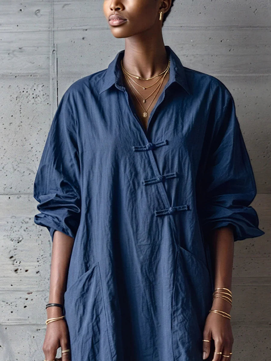 🎁New Arrivals🔥Textured Cotton-linen Frog Button Placket Collar Loose Shirt Midi Dress