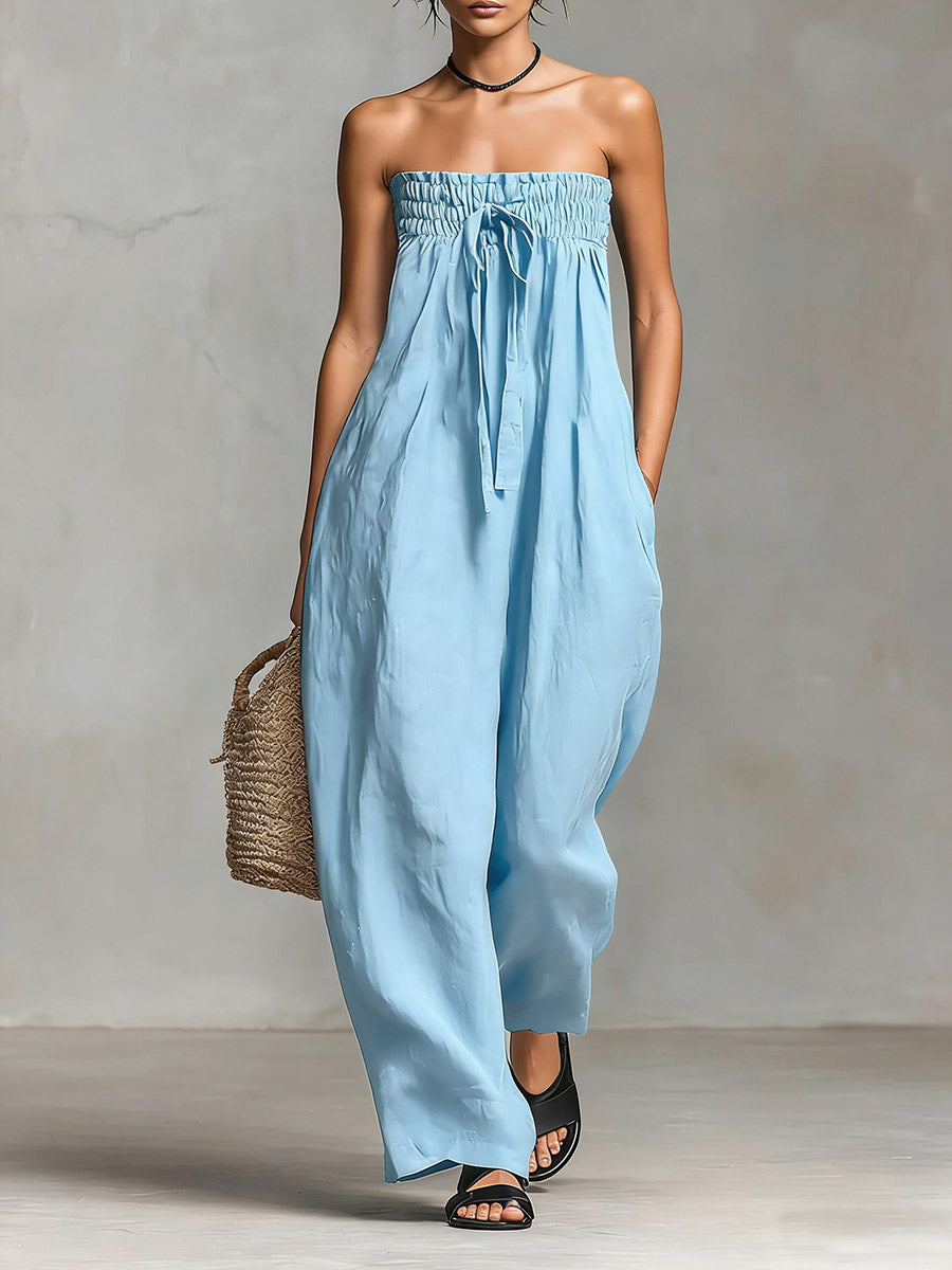 💖 Summer Strapless Cotton Linen Jumpsuit 👗🌸 Relaxed & Stylish