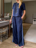 Women's Round Neck Short Sleeve Casual Loose Top High Waist Casual Loose Wide Leg Pants Cotton Linen Set