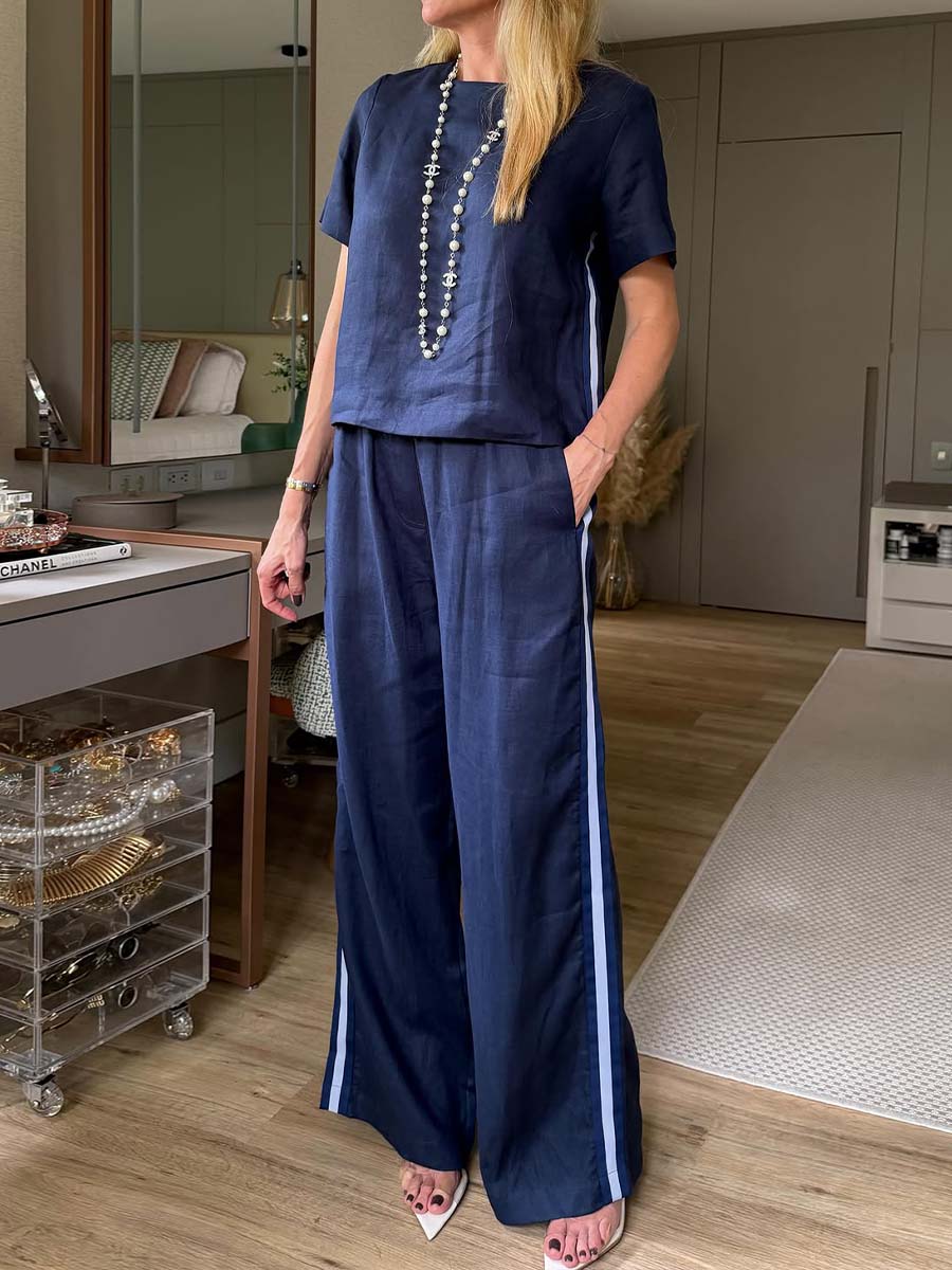 Women's Round Neck Short Sleeve Casual Loose Top High Waist Casual Loose Wide Leg Pants Cotton Linen Set