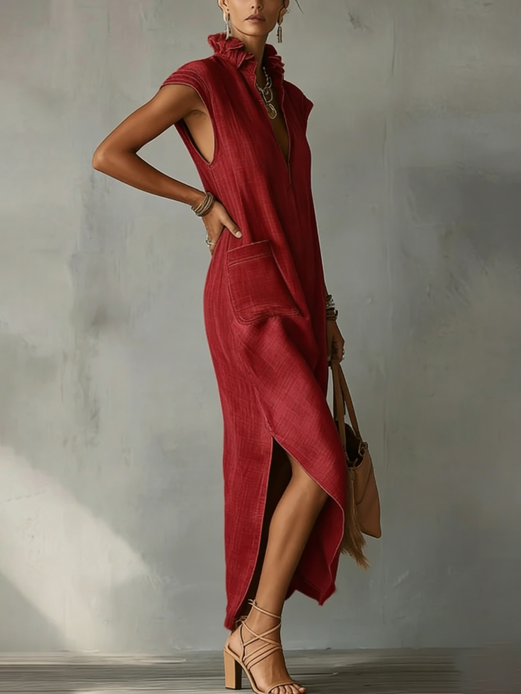 🔥 Women’s Ruffle Collar Cotton Linen Midi Dress 👗✨ Elegant Summer Style 🌸