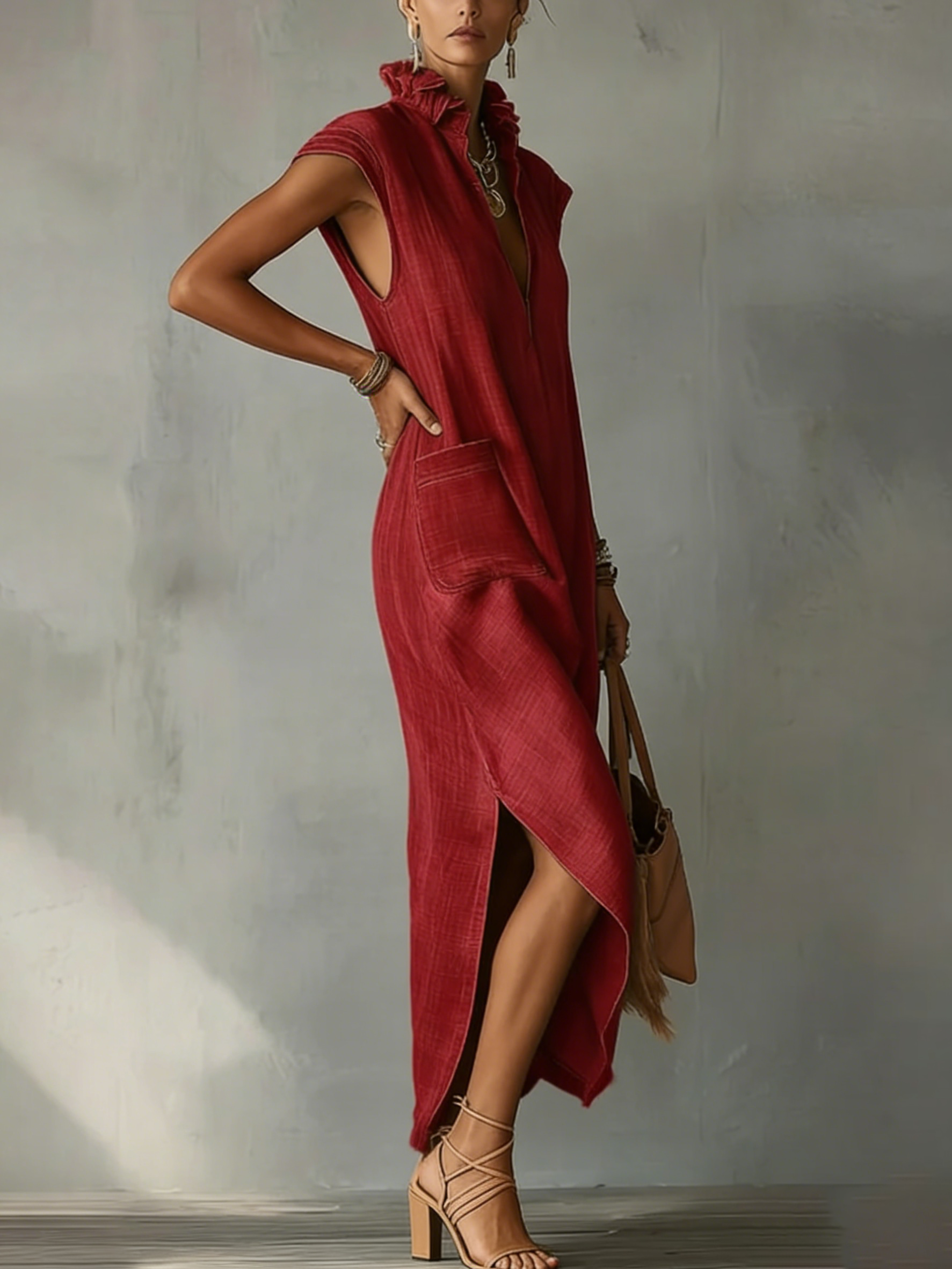 🔥 Women’s Ruffle Collar Cotton Linen Midi Dress 👗✨ Elegant Summer Style 🌸