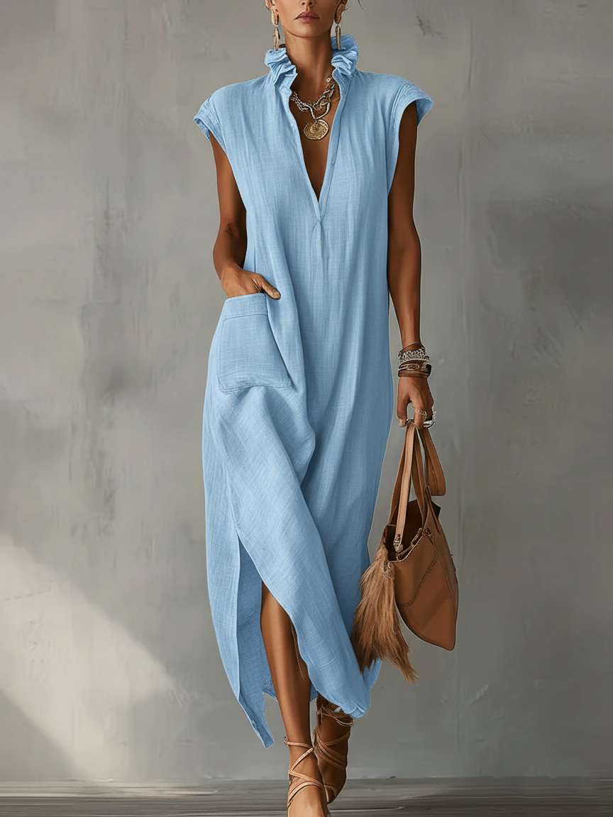 🔥 Women’s Ruffle Collar Cotton Linen Midi Dress 👗✨ Elegant Summer Style 🌸