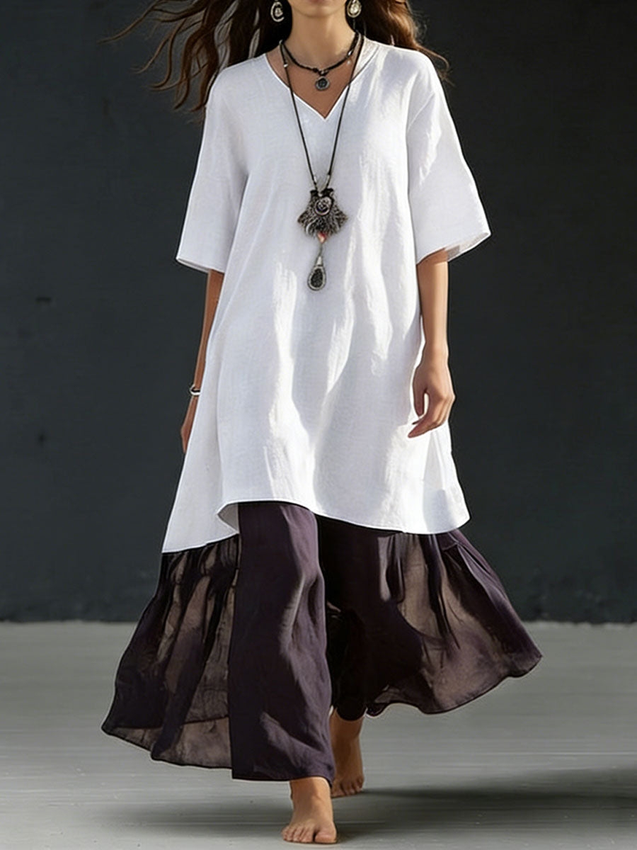 Women's Casual V-neck Three-quarter Sleeve Color-blocked Dress