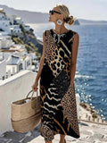🎉🐆 Long Sleeveless Patchwork Dress 👗✨ Chic Leopard Print Style 💐