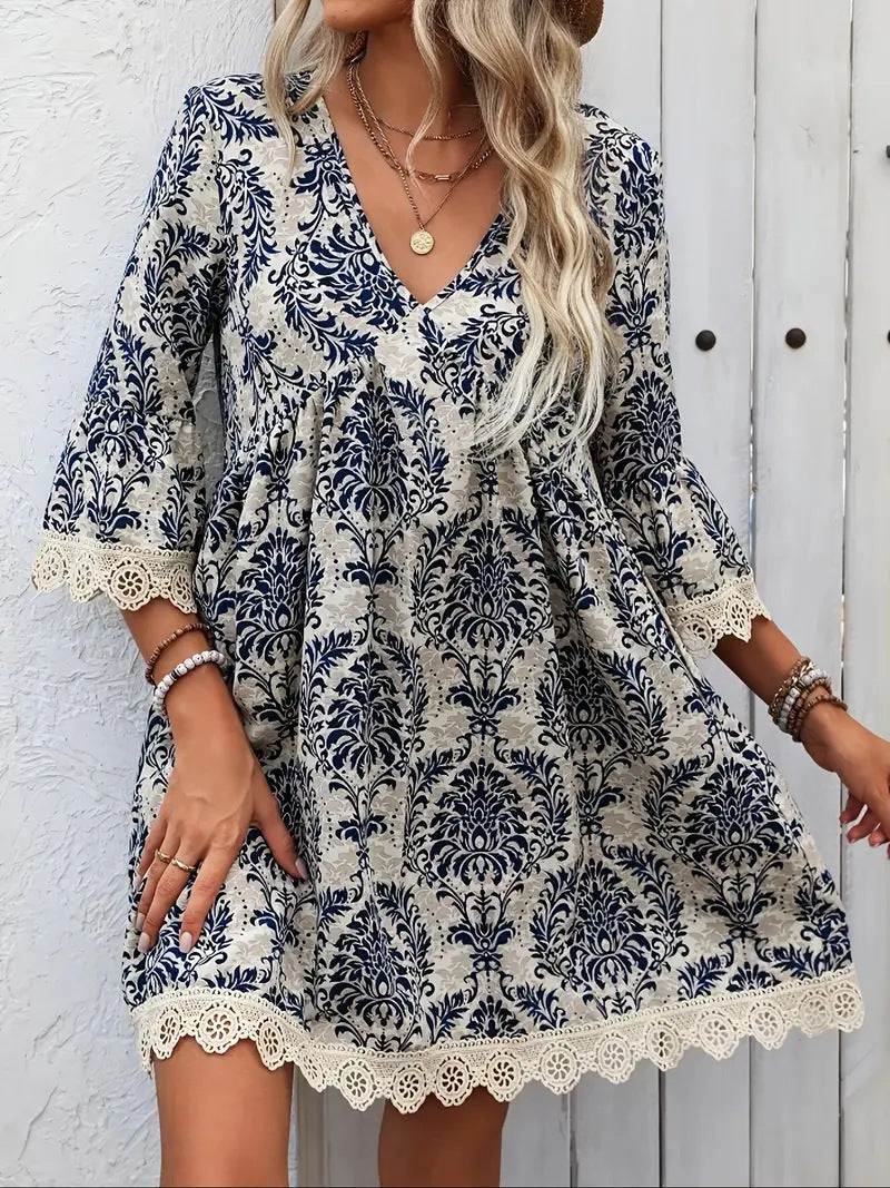 🌷🌷Lace Trim Printed V-Neck 3/4 Sleeve Dress（S-5XL）