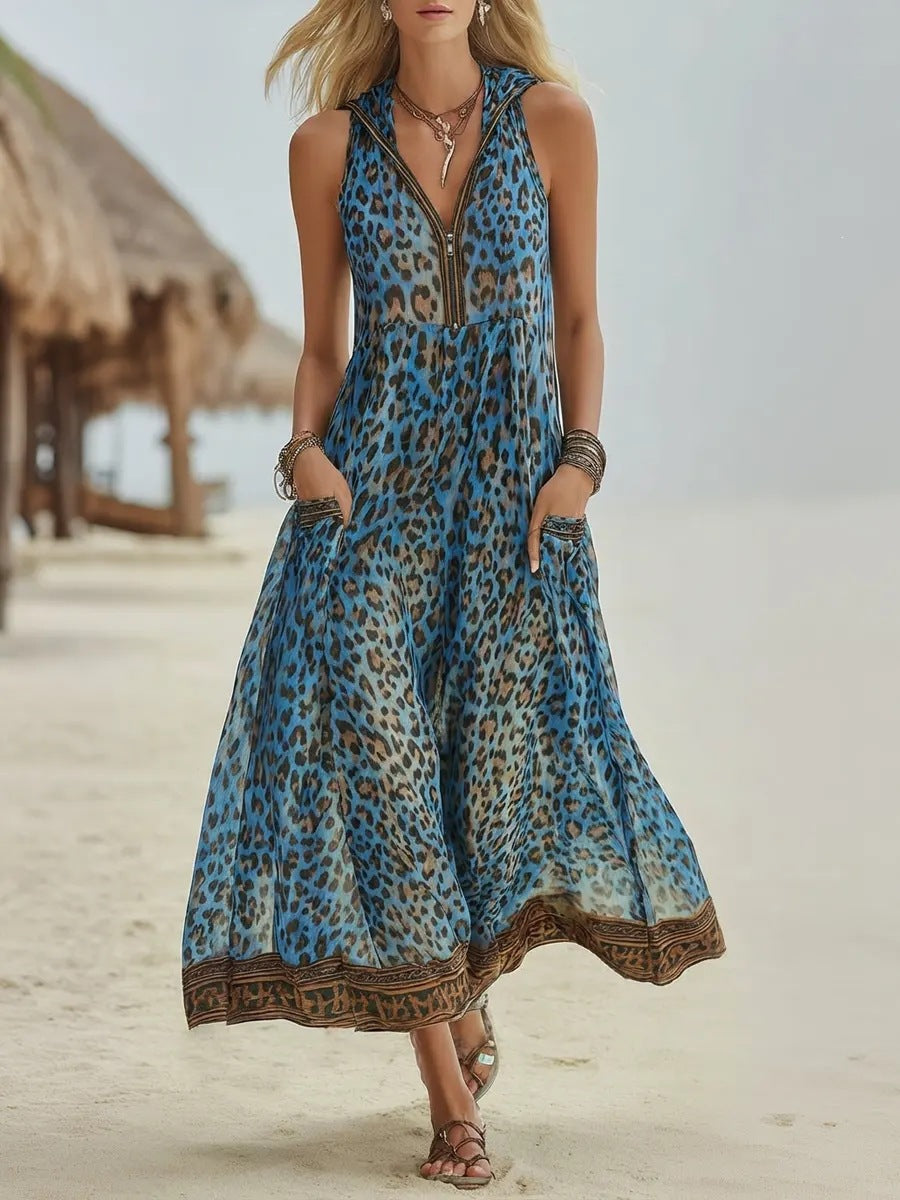 🌷🌷Women's Retro Casual Green Leopard Print Art Hooded Midi Dress