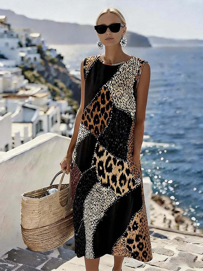 🎉🐆 Long Sleeveless Patchwork Dress 👗✨ Chic Leopard Print Style 💐