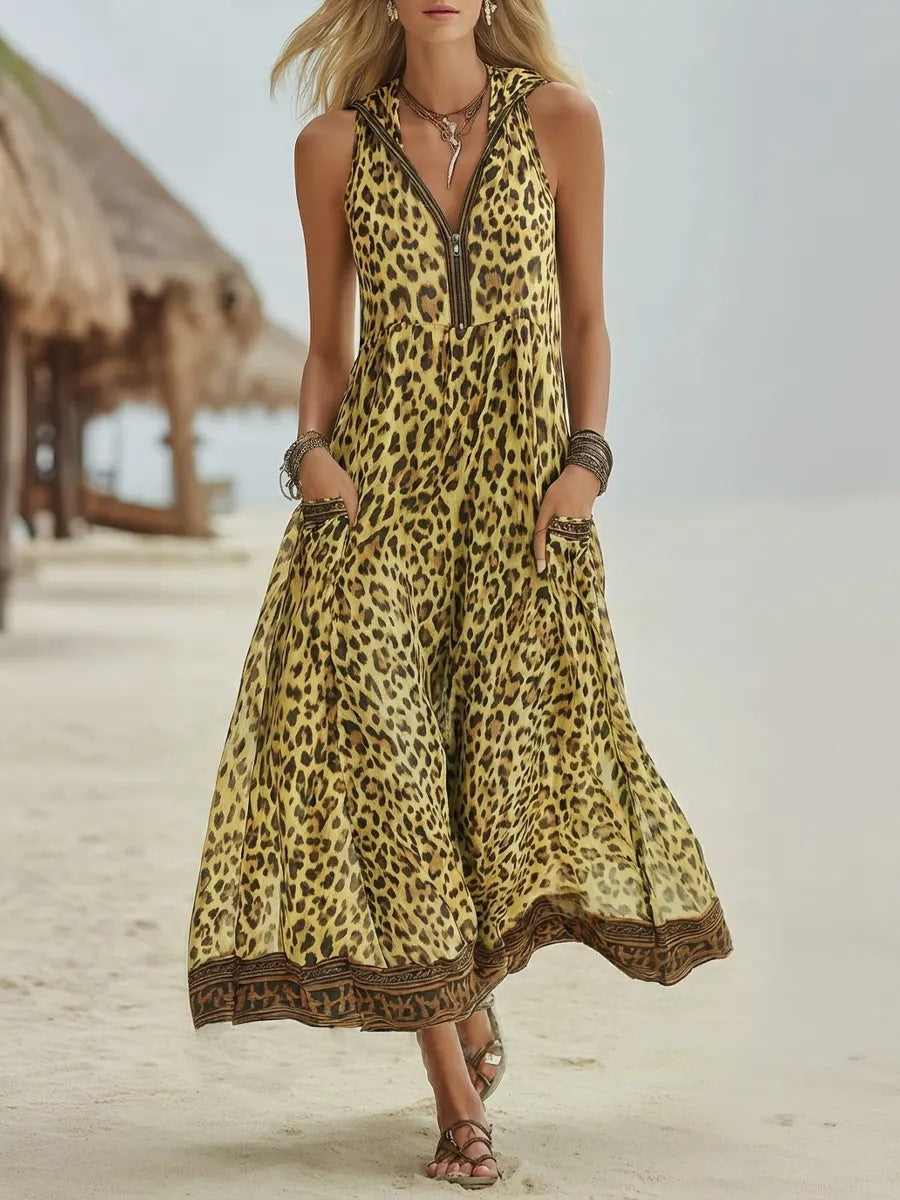 🌷🌷Women's Retro Casual Green Leopard Print Art Hooded Midi Dress