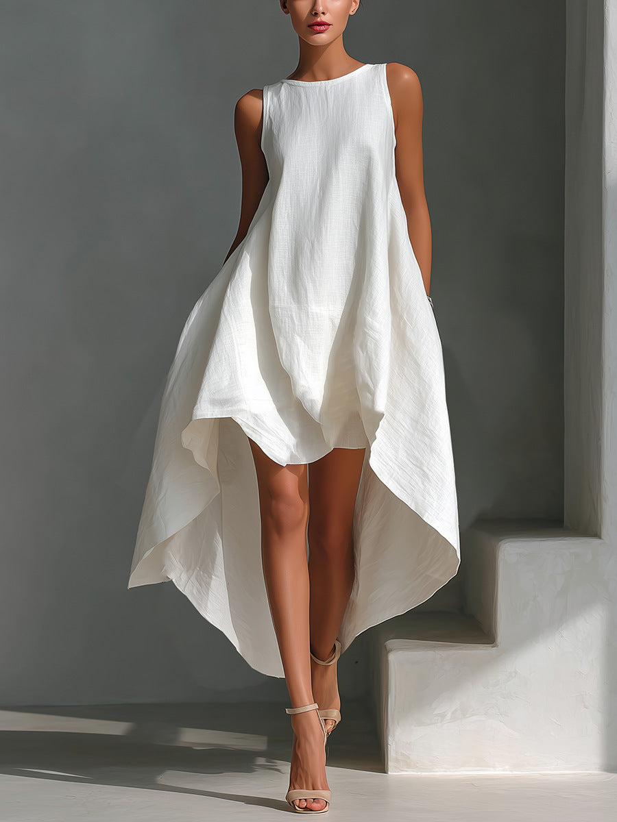 🌷🌷Women's White Linen Fabric Sleeveless Midi Dress With Round Neck & Asymmetric Hem