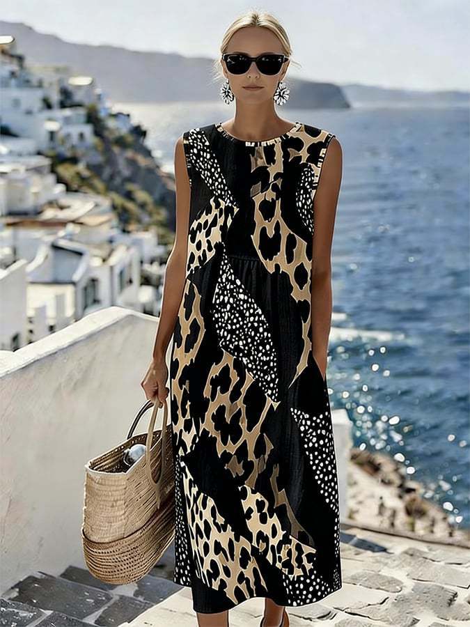 🎉🐆 Long Sleeveless Patchwork Dress 👗✨ Chic Leopard Print Style 💐