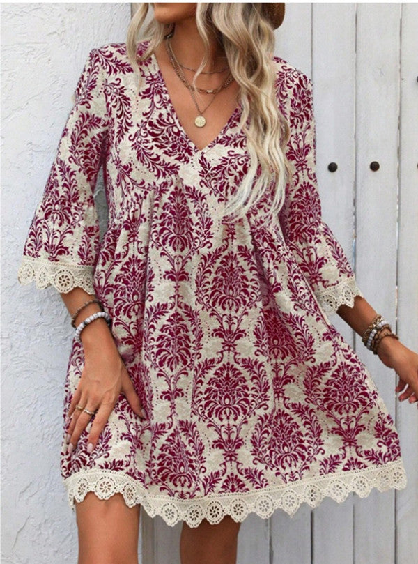 🌷🌷Lace Trim Printed V-Neck 3/4 Sleeve Dress（S-5XL）