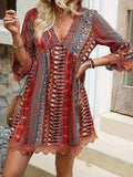 🌷🌷Lace Trim Printed V-Neck 3/4 Sleeve Dress（S-5XL）